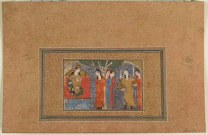 Fólio de um texto não identificado; Princesa Enthroned, Irã, c.1440-50 (aquarela, tinta e ouro opacos sobre papel) de Persian School