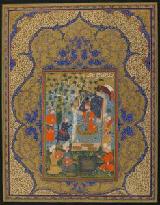 Fólio de um texto não identificado; Um Governante Entronizado, possivelmente Khurasan, Irã, c.1590 (aguarela opaca, tinta e ouro sobre papel) de Persian School