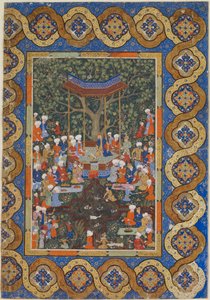 Fólio de um texto não identificado; Um governante em um pavilhão de jardim cercado por cortesãos e atendentes (aguarela opaca, tinta e ouro sobre papel) de Persian School