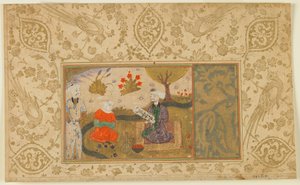 Fólio de um texto não identificado; Uma mulher conversa com um homem sentado por um córrego, Irã, c.1500 (aquarela opaca, tinta e ouro no papel) de Persian School