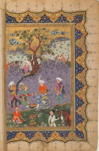 Fólio de um texto não identificado; verso: Um Príncipe sentado em cima de uma rocha cercada por assistentes, Isfahan, Irã, c.1600 (aguarela opaca, tinta e ouro sobre papel) de Persian School