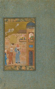 Fólio de um texto não identificado; verso: Dois homens carregando jarros se aproximam de um edifício, Shiraz, Irã, c.1520 (aquarela opaca, tinta e ouro no papel) de Persian School