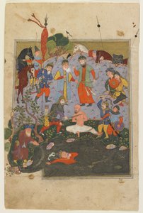Garsivaz sendo açoitado enquanto Afrasiyab é arrastado do lago por um Shahnama de Persian School