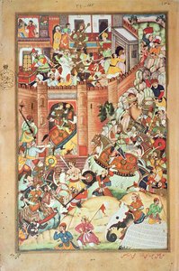 Genghis Khan captura uma cidade chinesa, miniatura da "História Persa de Genghis Khan" completada em 1596 de Persian School