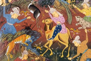 Caçadores montados e a pé matando veados e tigres (aguarela opaca sobre papel) (detalhe de 272916) de Persian School