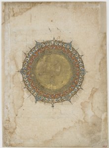 Medalhão iluminado com duas bordas ornamentais, folio de um texto não identificado, Irã, do século 13 ao 14 (aquarela opaca e ouro sobre papel) de Persian School