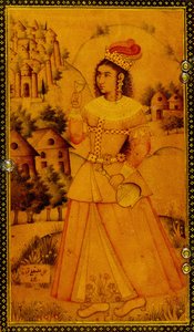Interior de uma caixa de espelho pintada com uma senhora européia estilizada segurando um copo e uma garrafa de vinho, século XVII de Persian School