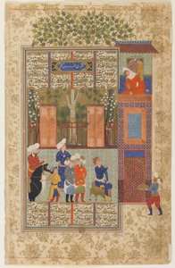Khusraw diante do palácio de Shirin de um Shahnama
