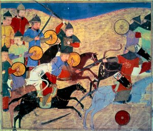 Vazamento de Noqai (Kara Nogai Khan (Noghai, Noqai, Nokhai, Nogay, bisneto de Genghis Khan, morreu em 1299). Cavaleiros Mongóis. Manuscrito persa pintado "Sum of Stories (Djame al-tavarikh) (Djame al-tavarikh)" (Folio 155v), escrito por Rachid al-Din Fazl de Persian School