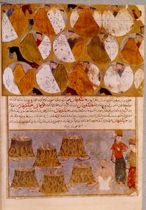 Tendas Mongóis e prisioneiros de Genghis Khan (1162-1227): Genghis Khan tem os seguidores de Djamuqua, um mongol da tribo Jadjirat atirado para os caldeirões. Miniatura persa tirada de "Jami al-tawarikh" (Jami al tawarikh) ou "História Universal". de Persian School