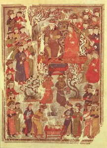 Sra. Supp. Pers. 1113 f.126v Genghis Khan e sua esposa Bortei entronizaram-se perante os cortesãos, folio de um livro chamado Jami al Tawarikh (História universal) por Rashid ad-Din (1247-1318) de Persian School