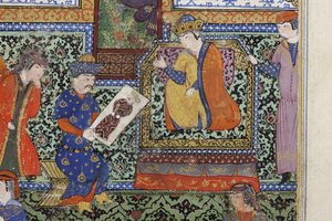 Nushabeh recebe o retrato de Eskandar, c.1475 (wc opaca no papel) de Persian School