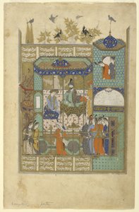 Nushirvan entrevista o intruso ao seu harém, c.1600 de Persian School