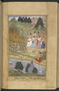 Ou.12076 f.130v Arjuna queimando os corpos após a batalha entre Andhakas e Yadavas em Prabhasa, na costa de Gujarat. Ghee está a ser derramado na pira funerária (Narayan) a partir do Razmnāmah (ʻBook de Warʼ), tradução do Mahabharata por Naqib de Persian School