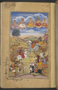 Or.12076 f.76r Batalha entre os exércitos de Arjuna e Tamradhvaja. Brahma e outras divindades no céu. (Paras) do 