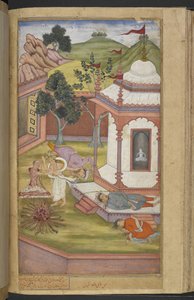 Or.12076 f.90v Candrahasa sacrificando-se no templo de Candika cortando pedaços de sua própria carne e colocando-os no fogo (Qabil ibn Maqbul) do 