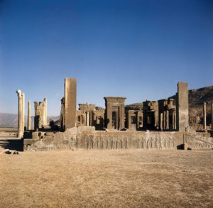 “" Palácio de Dario I (550-486 AC) em Persepolis (Irã) "", Local do Império Persa dos Aimenídeos. Século VI - V a.C. de Persian School