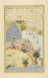 Persa 239 fol.135a Ruhh m ataca B zār, o feiticeiro, ilustração do Shahnama (Livro dos Reis), de Abul-Qasim Mansur Firdawsi (c.934-c.1020), 1444 de Persian School