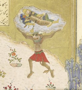 Persa 239 fol.165b Detalhe: O div Akvan levanta o Rustam adormecido, ilustração do Shahnama (Livro dos Reis), por Abul-Qasim Mansur Firdawsi (c.934-c.1020), 1444 de Persian School