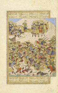Persa 239 fol.270a Gusht sp em batalha com Asj sp em Balkh, ilustração do Shahnama (Livro dos Reis), por Abul-Qasim Mansur Firdawsi (c.934-c.1020), 1444 de Persian School