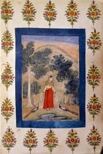 Arte Persa: senhora com dois colares de flores que ela apresenta tem dois pavões. Miniatura Persa de Persian School