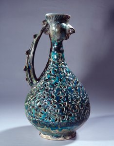 Arte persa: aquamarine em cerâmica com cabeça de galo e decorações inspiradas na árvore Waq Waq. De Kashan. Paris do século XIII, Museu do Louvre de Persian School