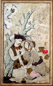 Retrato do Xá Abbas I com um dos seus pajens, assinado Muhammad Qasim de Persian School