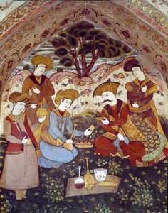 Representação de Abbas I, o Grande, servido por cortesãs (Detalhe de um afresco de Persian School