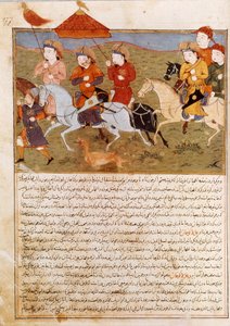 Representação de Houlagou Khan, neto de Genghis Khan montando. Miniatura persa tirada de Jami al-Tawarikh" (Jami al tawarikh) ou "História Universal" pelo historiador Rashid al-din (al din) (1247-1318) Por volta de 1430. Paris, B.N. de Persian School