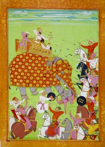 Representação de Murad (Mourad) Baksh (1624-1661), filho do Imperador Mughal Shah Jehan (ou Shah Jehan, Shahjehan) lutando contra um elefante. Miniatura persa da Paris do século XVII, B.N. de Persian School