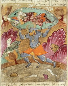 Rostam carregado por Akwan-Diwa, ilustração do Shahnama (Livro dos Reis) por Abul-Qasim Manur Firdawsi (c.934-c.1020) 1619 de Persian School