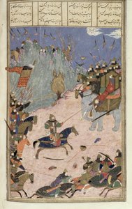 Rustam Arrasta os Khaqan de seu Elefante, ilustração do Shahnama (Livro dos Reis), de Abul-Qasim Manur Firdawsi (c.934-c.1020) c.1440-45 (caneta, tinta & wc em pergaminho) de Persian School