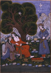 Servo trazendo frutas para um casal em um jardim de Persian School