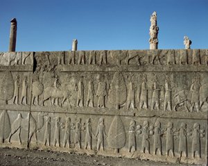 Os povos submissos oferecem presentes a Dario I. Relevos da escadaria oriental dos Apadanos, século VI a.C. de Persian School