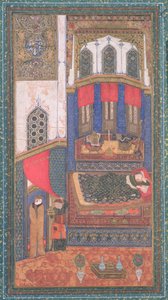 Tahmina Entra na Câmara de Rustam, ilustração do Shahnama (Livro dos Reis), de Abul-Qasim Manur Firdawsi (c.934-c.1020), de Herat, Afeganistão, c.1410 (wc opaco e ouro sobre papel) de Persian School