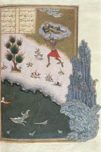O Rustam adormecido transportado pelo ar pelo demônio Akwan, ilustração do Shahnama (Livro dos Reis), por Abul-Qasim Manur Firdawsi (c.934-c.1020) c.1440-45 (caneta, tinta & wc em pergaminho ) de Persian School