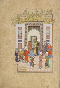 A pequena testemunha testemunha da inocência de Yusuf, folio de um Haft awrang (Sete tronos) de Jami (d.1492), provavelmente Mashhad, Khurasan, Irã, dinastia Safávida, 1556-1565 (tinta, aquarela opaca e gol