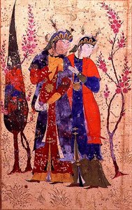 Duas princesas numa paisagem de jardim, da Tohfat Al-Ahrar, Escola de Bokhara de Persian School