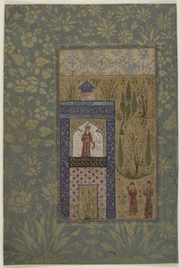 Dois jovens diante de uma princesa em uma janela, c.1417-18 (aquarela opaca e ouro sobre papel) de Persian School
