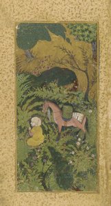 Esperando noivo com cavalo no bosque arborizado, provavelmente Tabriz, dinastia turcomana, c.1500 (aquarela opaca e ouro sobre papel) de Persian School