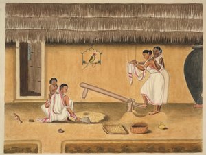 Mulheres a descascar o arroz com um dhenki, c.1840 (aguarela sobre papel) de Persian School