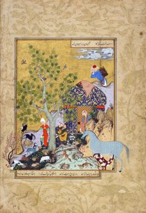 Yusuf cuida de seus rebanhos, fólio de um Haft awrang (Sete tronos) de Jami (d.1492), provavelmente Mashad, Khurasan, Irã, dinastia Safávida, 1556-1565 (tinta, aquarela opaca e ouro sobre papel) de Persian School