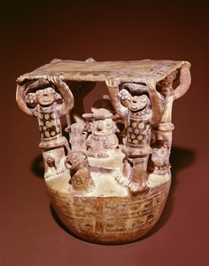 Divindade no trono com copa apoiada pelos cortesãos, Recuay Culture (cerâmica) de Peruvian School