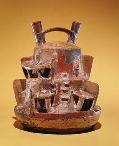 Navio de cerâmica representando casas aninhadas nos Andes (louça de barro) de Peruvian School