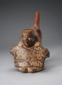 Embarcação de bico de estribo representando homem segurando tecido decorado, 100 AC-AD 500 de Peruvian School