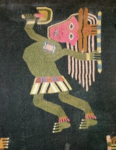 Dançarina de lã tecida com bastão, tribo de Paracas (têxtil) (veja também 231825) de Peruvian School