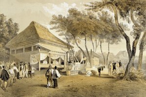 Casa da Companhia de Fogo e Motor, Yokuhama, de &39;Narrativa da Expedição de um Esquadrão Americano para os Mares da China e Japão&39;, pub. por Sarony und Co., 1856 (litografia tingida)