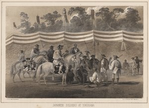 Soldados japoneses em Yokuhama, litho por Sarony und Co., 1855 (cromolitho)