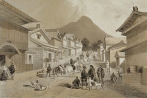 Rua em Hakodadi, de &39;Narrativa da Expedição de um Esquadrão Americano aos Mares da China e ao Japão&39;, pub. por Sarony und Co., 1856 (litografia tingida)