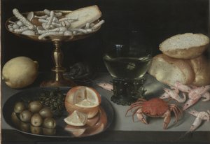 Natureza morta com frutas, doces, crustáceos, um copo e um rato, c.1620